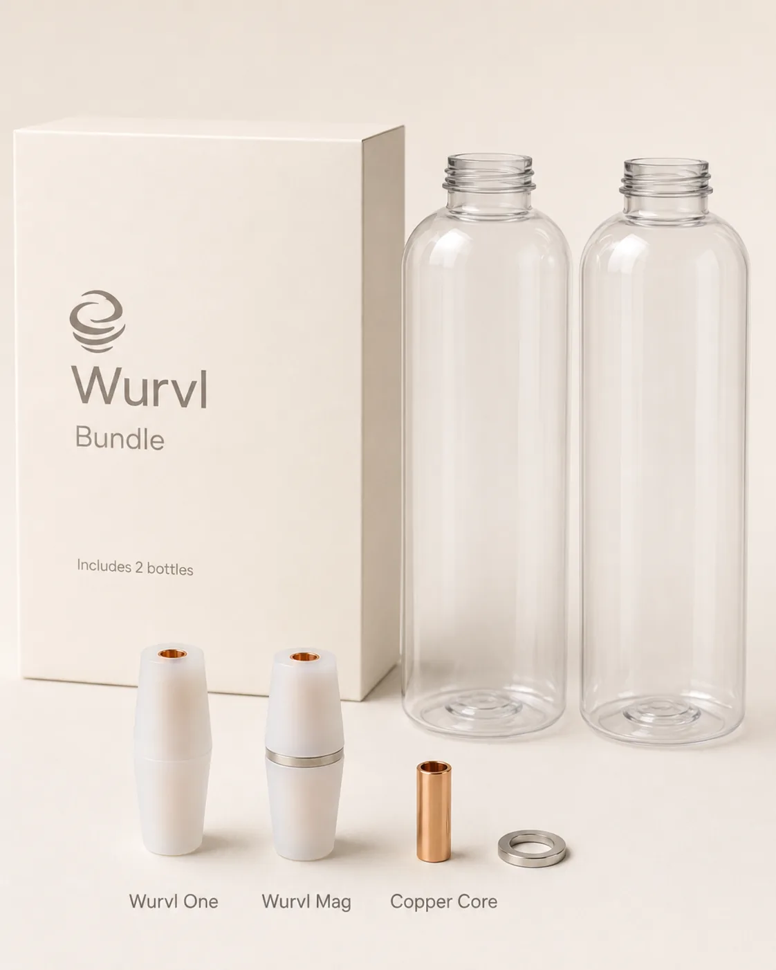 Wurvl bundelpakket met twee PET-flessen, Wurvl One, Wurvl Mag, copper core en ringmagneet